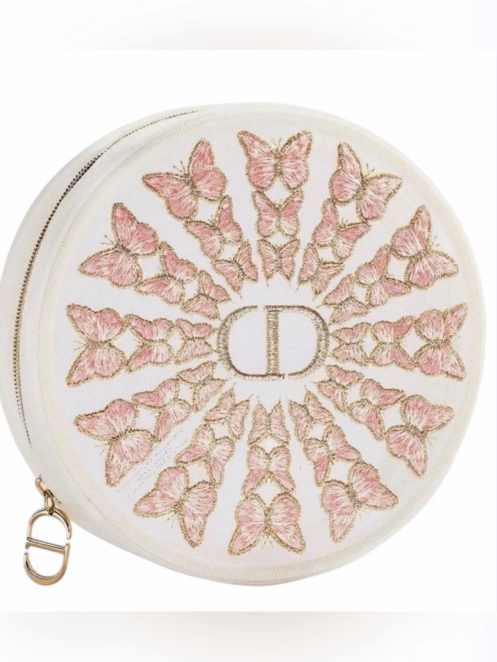 Dior Cream and Pink Embroidered Butterfly Round Pouch